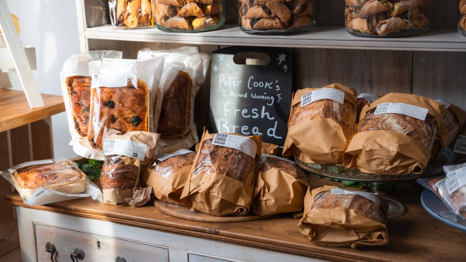 Peter Cook's award-winning loaves on the oak dresser.